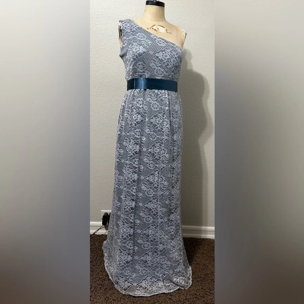 Tiffany Rose Maternity Gia Lace One Shoulder Maxi Gown Blue NWT includes sash! - Picture 1 of 10